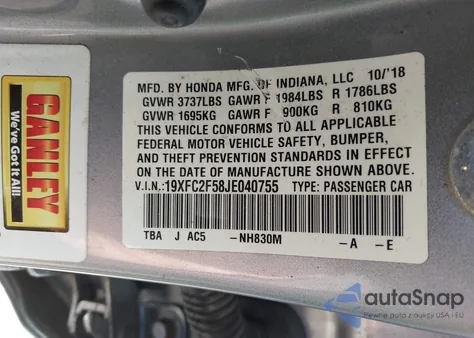 2018 Honda Civic Lx z USA, uszkodzony, nr VIN 19XFC2F58JE040755